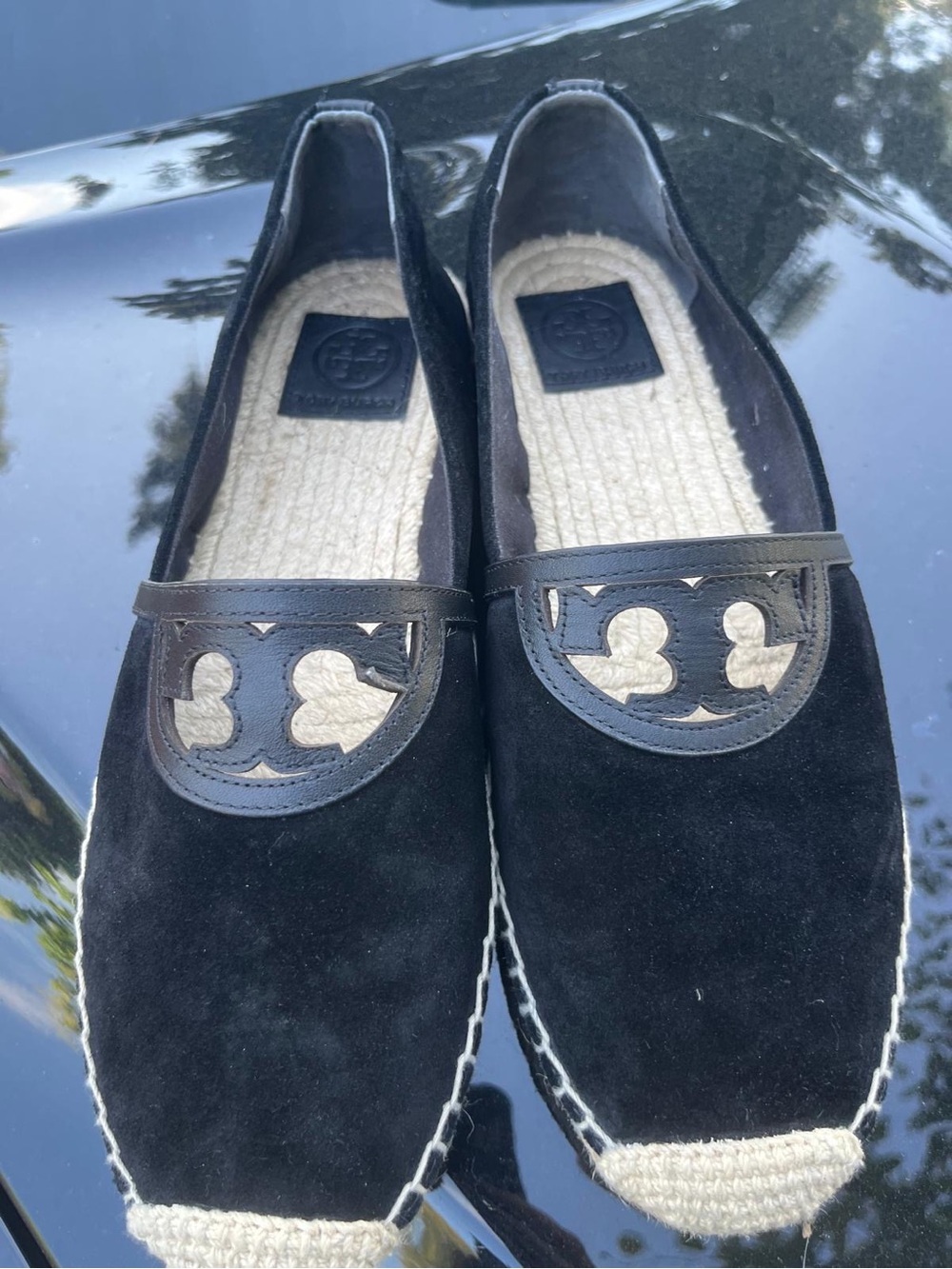 Tory Burch Suede Double T Cutout Espadrille Loafers black suede 9.5